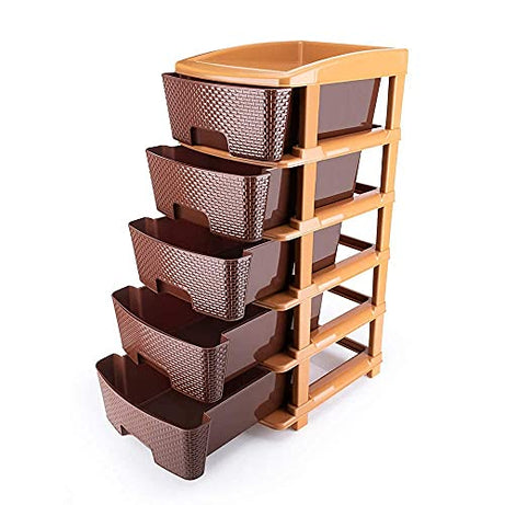 TEX-RO Plastic Modular Drawer Storage Chest Of Drawers Organizer Storage Box, Large Stomo Racks For Multipurpose Anti-slip Shoes Organizers | Brown | 5 Layer