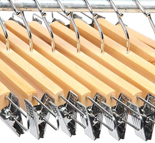 Xxombi Wooden Hangers | Pack of 12 | Metal Adjustable Non Slip Clips Grip | Chrome Swivel Hook (12)