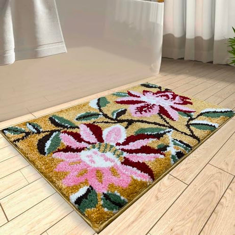 Amazon Brand - Solimo Microfiber 2000 GSM Floral Flourish Bath Mat | Anti-Skid | 40x60 cm (Beige)