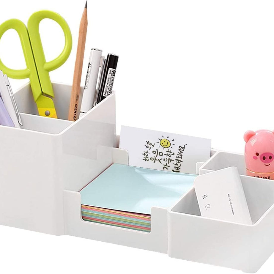 INKULTURE Office Desk Organiser, Pen Holder, Multifunctional Storage Organizer With 6 Sorting Compartments for Pens, Mobile Phone, Sticky Notes, Business Card, Remote Control | White | Pack of 01