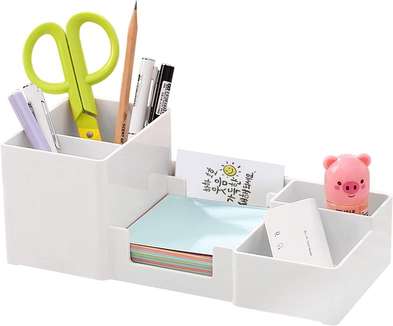 INKULTURE Office Desk Organiser, Pen Holder, Multifunctional Storage Organizer With 6 Sorting Compartments for Pens, Mobile Phone, Sticky Notes, Business Card, Remote Control | White | Pack of 01