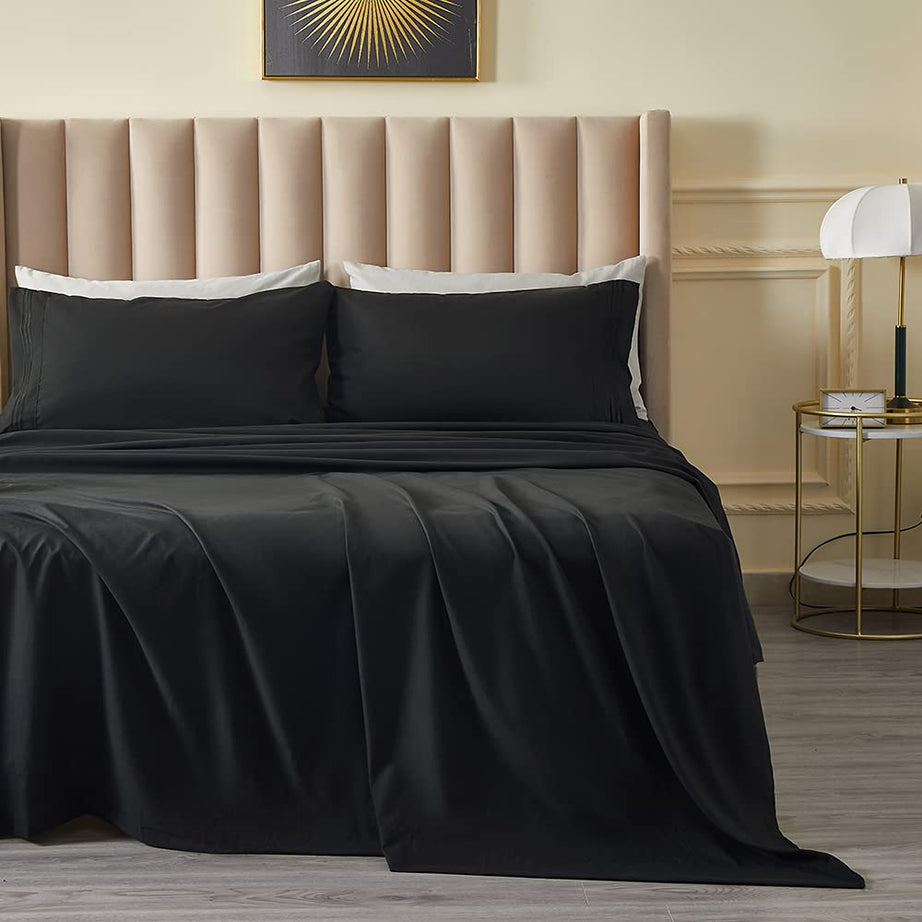 DERBELL Bed Sheet Set - Brushed Microfiber Bedding - Wrinkle, Fade, Stain Resistant- Deep Pockets - Easy Fit - Breathable & Cooling Sheets- 4 Piece(Queen,Black)