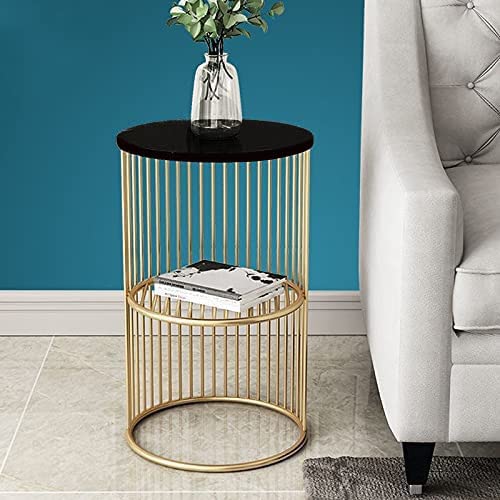 WOODWALLZ Coffee Round Accent Table for Living Room and Balcony with Metal & Engineered Wood Tabletop and Gold Coated Colour Frame (Gold Black)