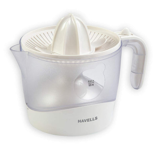 Havells Citrus Press 30 Watt (0.5 L) Juicer With 2 Different Sized Pressing Cones, Transparent Dust Cover Lid, 2 Two Pulp Filters & 2 Year Motor Warranty (White), 30 Watt