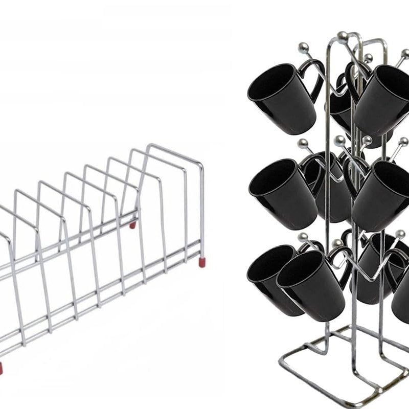 Zepdos Stainless Steel Square Plate Rack for Kitchen with Cup Stand, Thali Rack, Dish Rack, Thali Stand for Kitchen, Dish Stand with Lid Holder for Kitchen, 9 Plate Stand (Pack of 2)