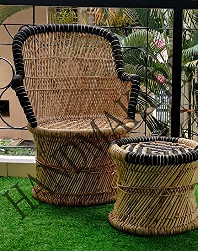 Handmakers ! Bamboo (SARKANDA) Mudda Chair with Black & Beige Standard -(Set=1CHAIR+1MUDDA)