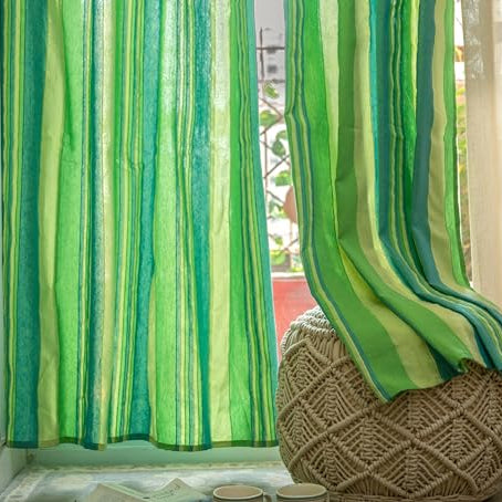 RANGBHAR Handloom Cotton Semi Sheer Curtains For Windows, Cotton Semi Sheer Curtains 5 Feet Set Of 2 With Eyelets, (Green, Window-5 Feet X 4 Feet)