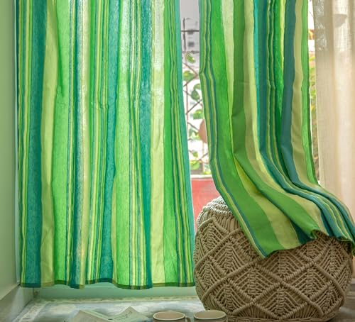 RANGBHAR Handloom Cotton Semi Sheer Curtains For Windows, Cotton Semi Sheer Curtains 5 Feet Set Of 2 With Eyelets, (Green, Window-5 Feet X 4 Feet)