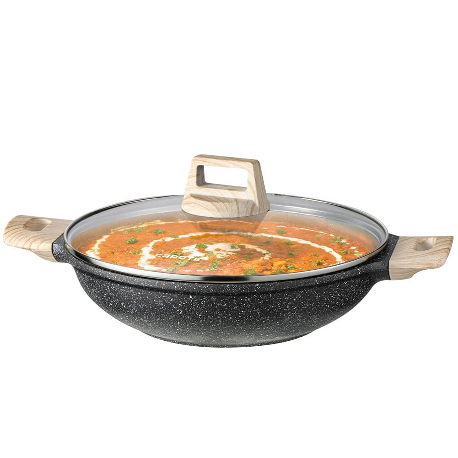 CAROTE 28cm/3.5L Non Stick Kadai, Induction Kadai, Granite Stone Kadhai with Lid, Deep Frying Pan, Biryani Pot,