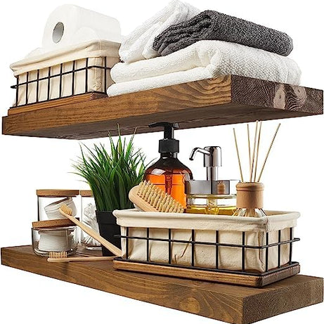 ODEJIA Wood Floating Shelves Set of 2 - Rustic Shelf 22 inch - Made in Europe - Wide Wooden Wall Shelves for Living Room Bedroom Kitchen Bathroom Farmhouse - Walnut Color - 22D x 6.7W x 1.2H