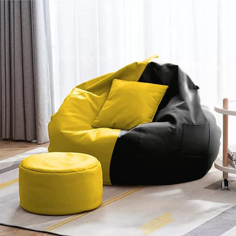 PAGARIA Premium Faux Leather 4XL Filled with Beans || Bean Bag with Footrest and Cushion XXXXL Adult Size Bean Bag | Capactity- Upto 6feet and 150KG (XXXXL, Yellow Black)