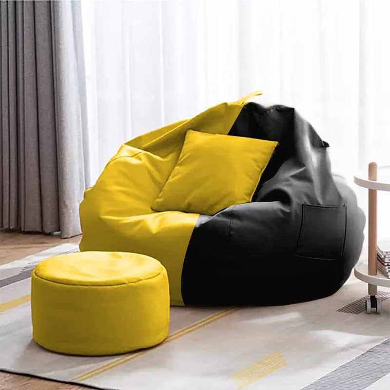 PAGARIA Premium Faux Leather 4XL Filled with Beans || Bean Bag with Footrest and Cushion XXXXL Adult Size Bean Bag | Capactity- Upto 6feet and 150KG (XXXXL, Yellow Black)