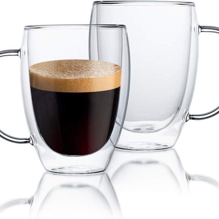 ZROY ENTERPRISE Premium Classic Glass Set of 2 Heat Resistant Double Wall Glass Coffee Mugs Clear Insulated Coffee Glass, Cappuccino Cups, Latte Cups, Beverage Glasses (350ml Cup, 2)