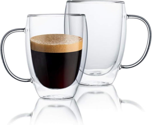 ZROY ENTERPRISE Premium Classic Glass Set of 2 Heat Resistant Double Wall Glass Coffee Mugs Clear Insulated Coffee Glass, Cappuccino Cups, Latte Cups, Beverage Glasses (350ml Cup, 2)