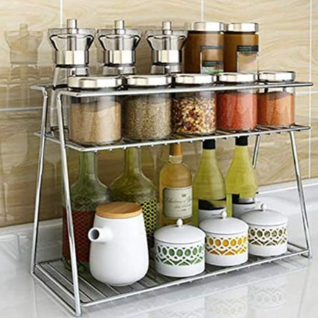 CR18 COLLECTION Stainless Steel 2 Layer Kitchen Spice Rack| Modular Kitchen Storage Rack | Kitchen Organizer Multipurpose Storage Shelf/Rack, Silver, Countertop, Tabletop, Tiered Shelf