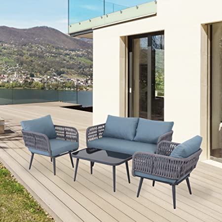 QUBOX 4 Seater outdoor weaving rope patio furniture set,waterproof outdoor sofa seating sturdy powder-coated Iron frame conversation bistroSet for Balcony,Backyard,Lawn,Garden,Indoor&outdoor GREY&BLUE