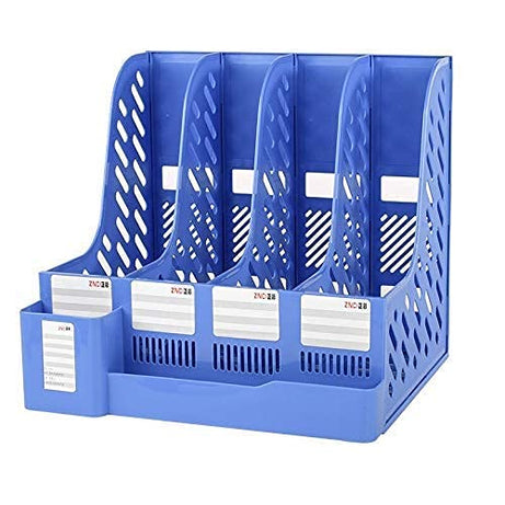 PRANIJ Desktop Magazine Holder Desk File Organizer 4 Compartments | Plastic Vertical File Dividers Book Holder & Cabinet Document Storage Rack (Blue - With Pen Stand), Tiered Shelf