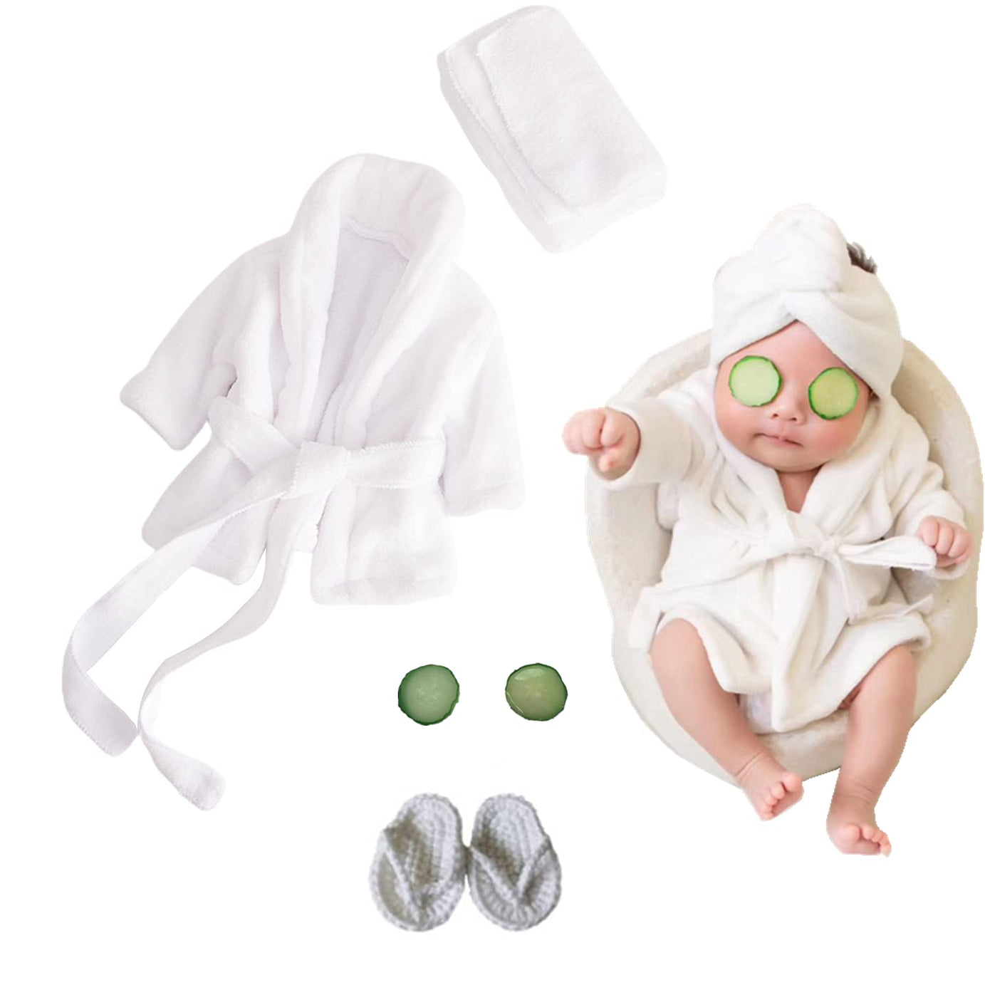 5PCS Newborn Photography Outfits, Baby Bathrobes Bath Towel Outfit with Slippers Photo Props for Girls and Boys, White, 0-6 Months