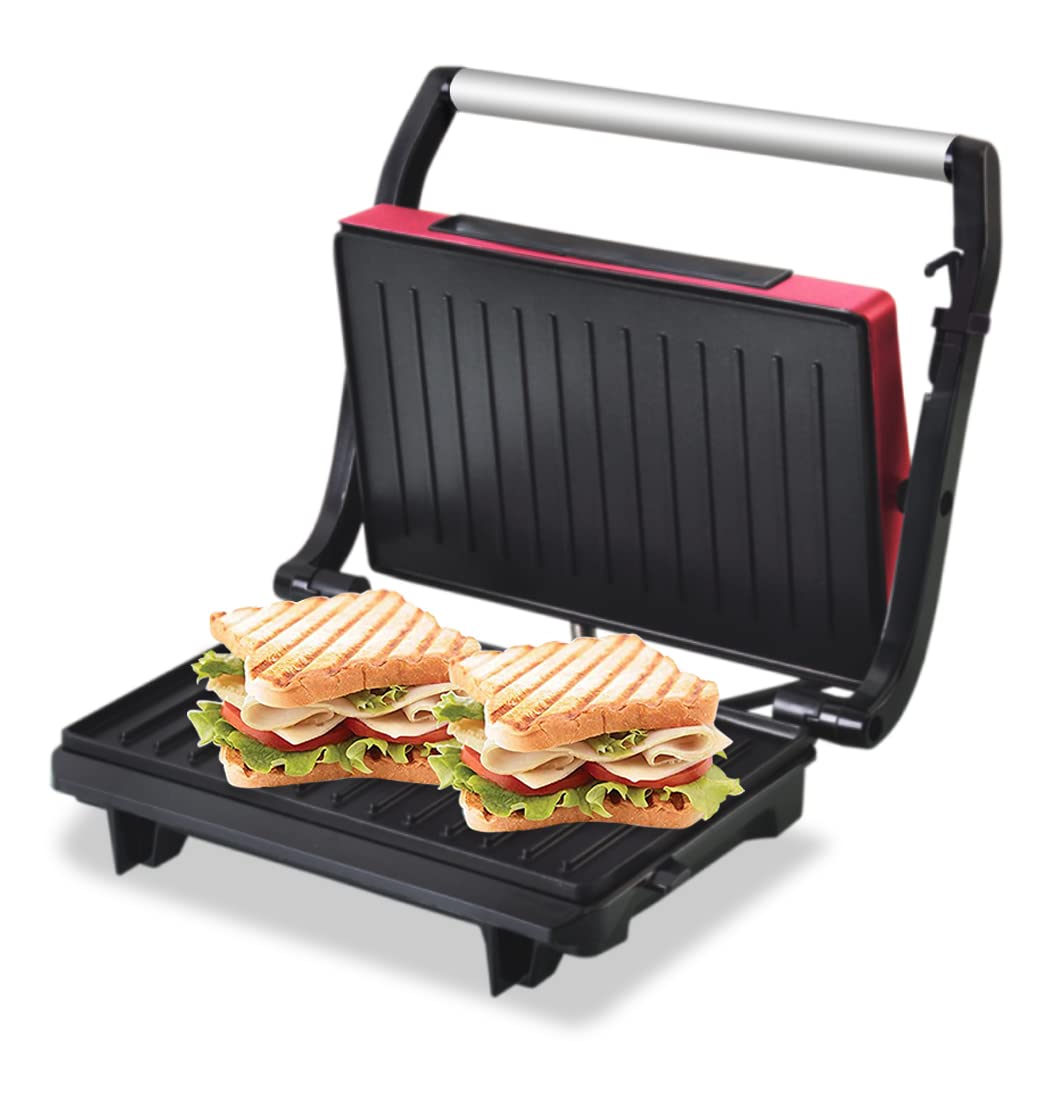 INALSA Sandwich Grill 750W Toast & Co| Adjustable Height Control With Floating Plates| Non Stick Coating | Automatic Temperature Cut-off with LED Indicator | Panini Grill| Sandwich Maker Black & Red