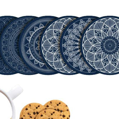 Clawcrafts Mandala Design Coasters with Tray Coaster Set Fit for Tea Cups Coffee Mugs Glasses | Home Decor | Set of 6 Durable and Long Lasting Premium Finish Mandala (Blue Coasters)