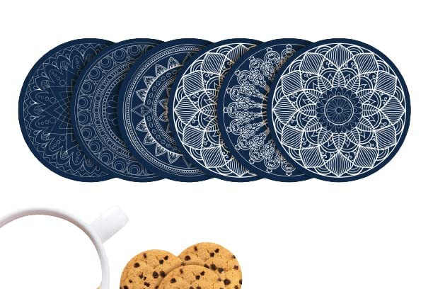 Clawcrafts Mandala Design Coasters with Tray Coaster Set Fit for Tea Cups Coffee Mugs Glasses | Home Decor | Set of 6 Durable and Long Lasting Premium Finish Mandala (Blue Coasters)