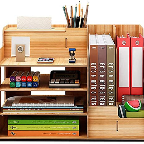 CRISELL Wooden Office Desk Organiser and Accessories, Multi-Functional Stationary Supplies Desktop Organizer Set, Small Wood Desk Organization, Easy Assembly Table Organiser (Desk Organizer)