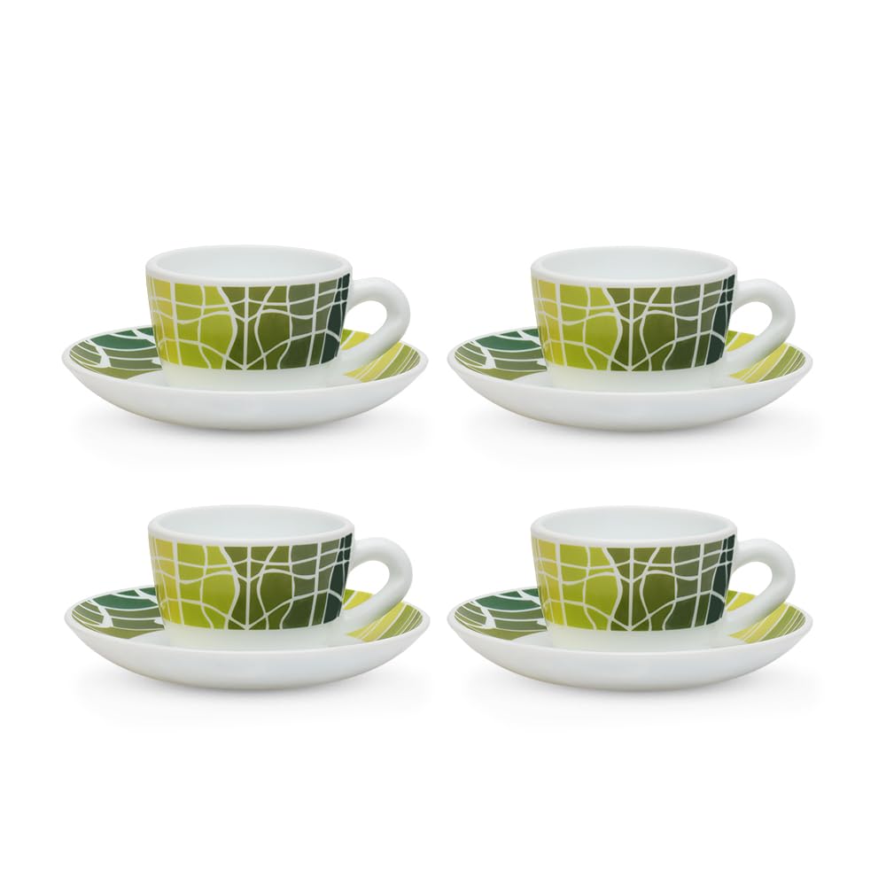 Larah by BOROSIL Beryl Opalware Cup and Saucer Set of 8 pcs | Tea/Coffee Cups 140 ml | Microwave & Dishwasher Safe | Bone-Ash Free | Crockery Set Ideal for Daily Use & Gifting, White