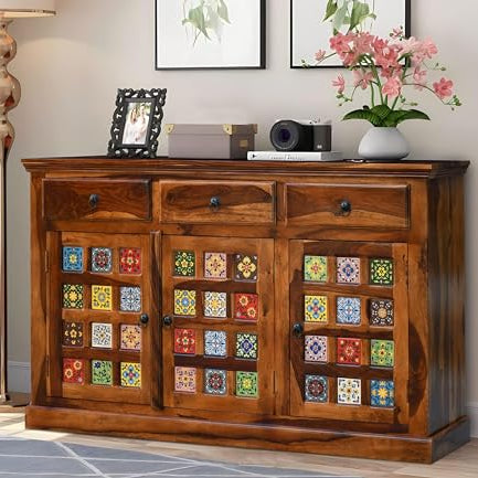 SONA ART & CRAFTS Solid Sheesham Wood Sideboard Tv Cabinet for Living Room | Free Standing Movable Tv Unit Side Board Table with 3 Drawer & 2 Cabinet Storage Furniture for Home | Honey Finish