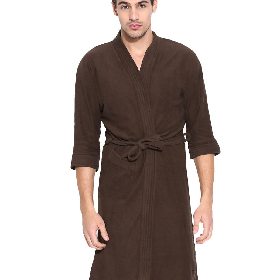 FEELBLUE Premium Micro Terry Free Size Bathrobe for Men & Women, with Front Pocket & Three Fourth Sleeves (Brown)