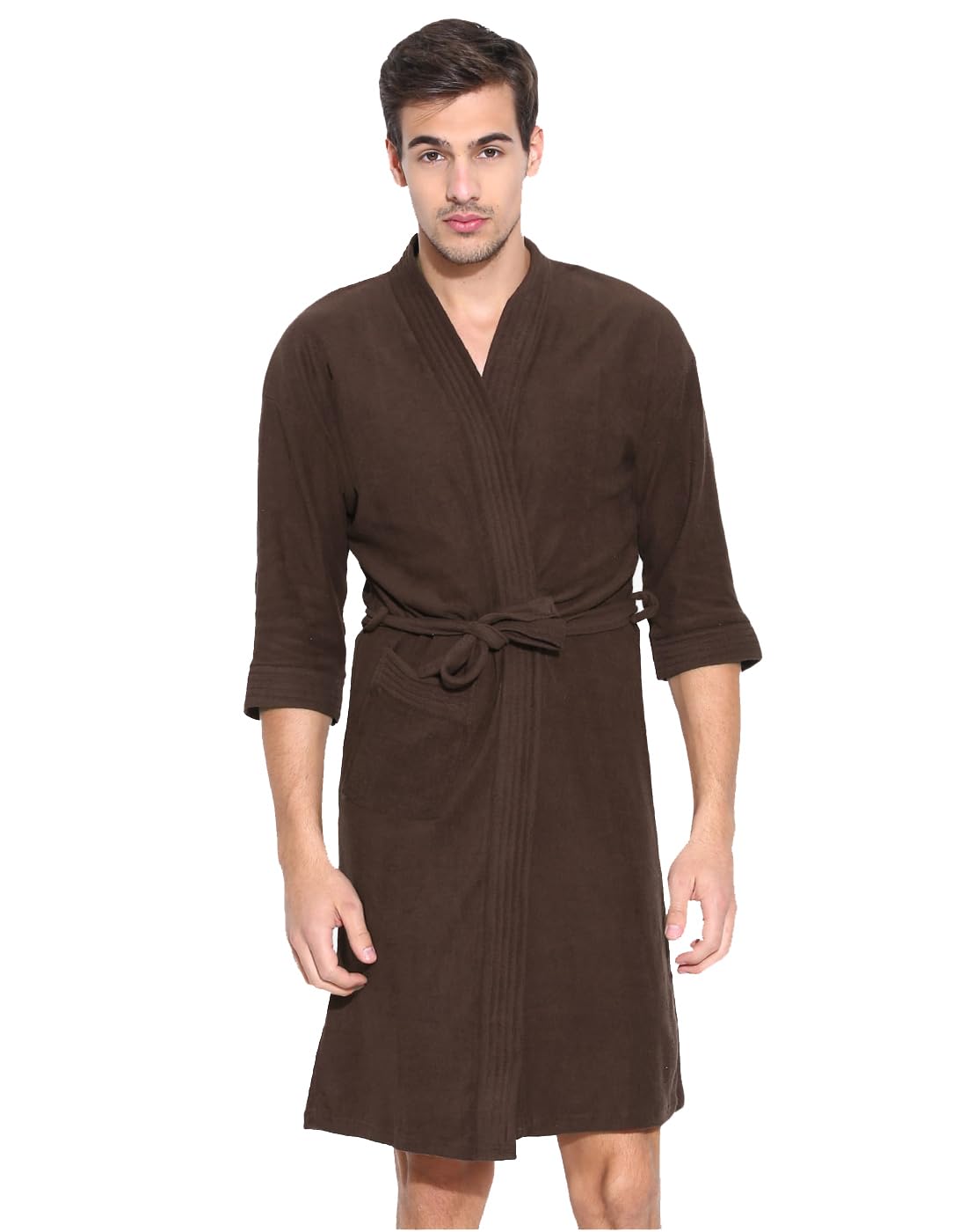 FEELBLUE Premium Micro Terry Free Size Bathrobe for Men & Women, with Front Pocket & Three Fourth Sleeves (Brown)