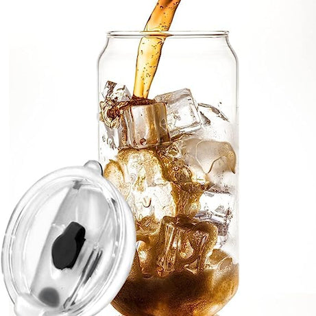 KHOLAD Drink Glasses Can Shaped Cocktail Glasses, Beer Mug Glass Tumblers with Lids - Glassware Sets Iced Coffee Soda Can Glasses Cool Mug Set - 540 ml Capacity Iced Tea Glasses (1)