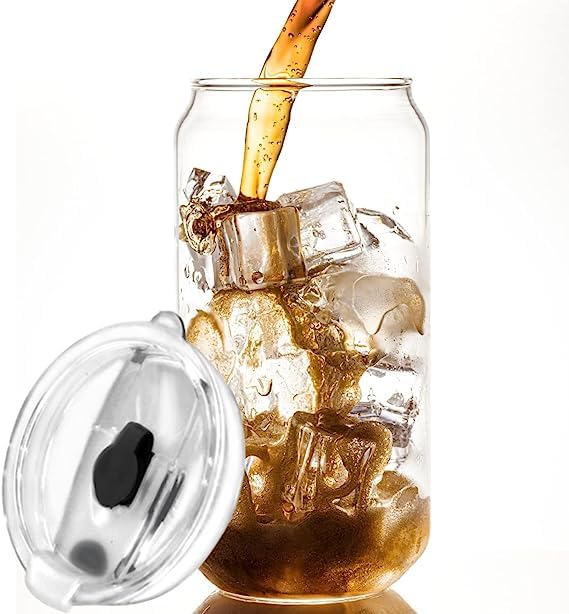 KHOLAD Drink Glasses Can Shaped Cocktail Glasses, Beer Mug Glass Tumblers with Lids - Glassware Sets Iced Coffee Soda Can Glasses Cool Mug Set - 540 ml Capacity Iced Tea Glasses (1)