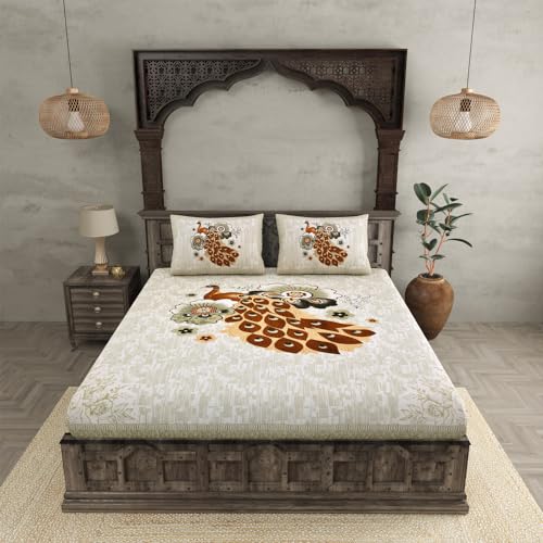 JaipurFabric® Soft Cotton 180 TC Peacock Printed Double Bedsheet with 2 Pillow Covers (90" x 108"), Brown