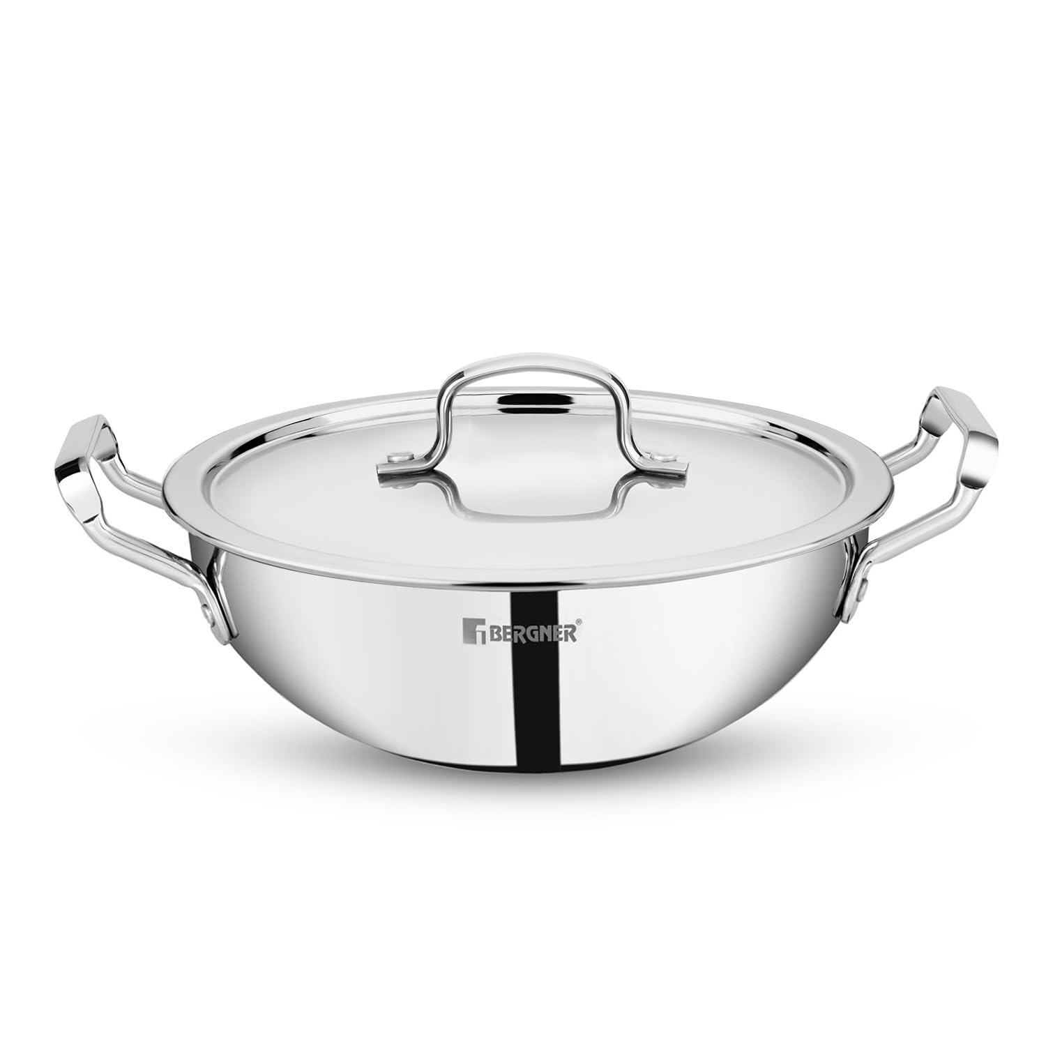 Bergner TriPro TriPly 24 cm Deep Kadai, 3 L Capacity, Stainless Steel Lid, For Curry/StirFry/DeepFry/DryVeg, Broad Hold Handles, Laser-Etched Scale, Smooth Finished Surface, Induction & Gas Ready, 5-Year Warranty