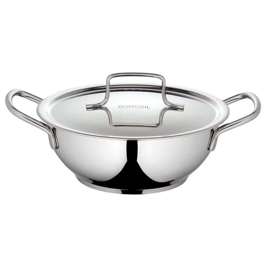 Borosil - Stainless Steel Deep Kadhai with Lid, Impact Bonded Tri-Ply Bottom, 2.8 L, Silver