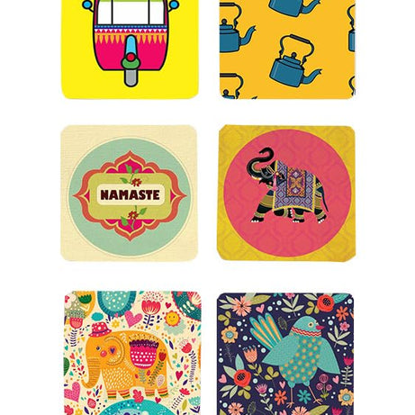 TAJNAN Indian Art Printed Coaster Set of 6 Beautiful Wooden Coasters with Plastic Coating Proper Coaster Stand Designer Coaster Set Fit for Tea Cups,Coffee Mugs & Glasses (Square&Designer 4x4 Inch)