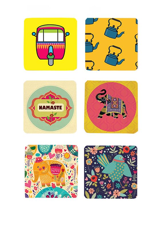 TAJNAN Indian Art Printed Coaster Set of 6 Beautiful Wooden Coasters with Plastic Coating Proper Coaster Stand Designer Coaster Set Fit for Tea Cups,Coffee Mugs & Glasses (Square&Designer 4x4 Inch)