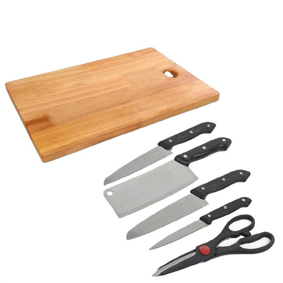 Axiesh | Wooden Chopping Board with 5 Pc Knife Set Vegetable & Meat Cutting Stainless Steel Scissor for Cutter Bamboo Slicing Grater Chopper Slicer Combo Set Accessories Tools (Home & Kitchen)