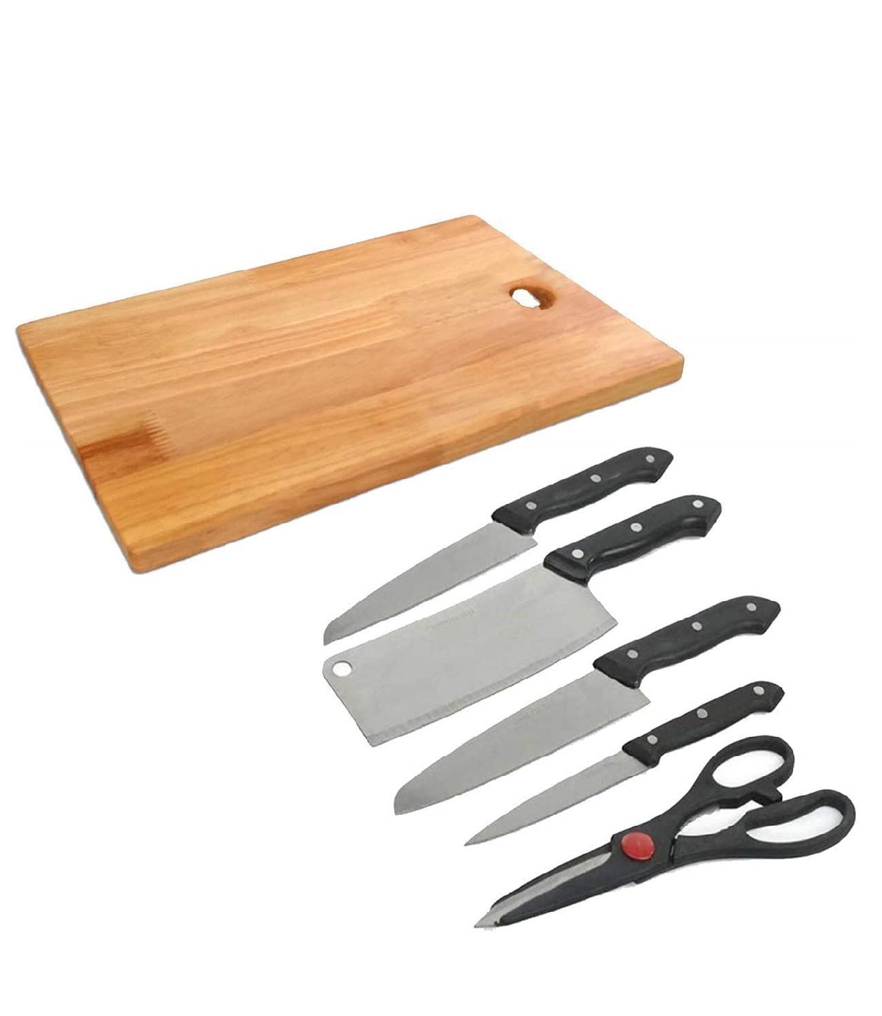 Axiesh | Wooden Chopping Board with 5 Pc Knife Set Vegetable & Meat Cutting Stainless Steel Scissor for Cutter Bamboo Slicing Grater Chopper Slicer Combo Set Accessories Tools (Home & Kitchen)