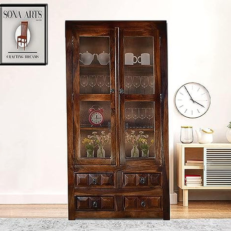 MODERN FURNITURE SHEESHAM Furniture Solid Sheesham Wooden Book Shelf Cabinet With Glass Rack&Drawer Storage For Home&Office Living Room|Crockery Cabinet For Kitchen Library(Walnut Finish)