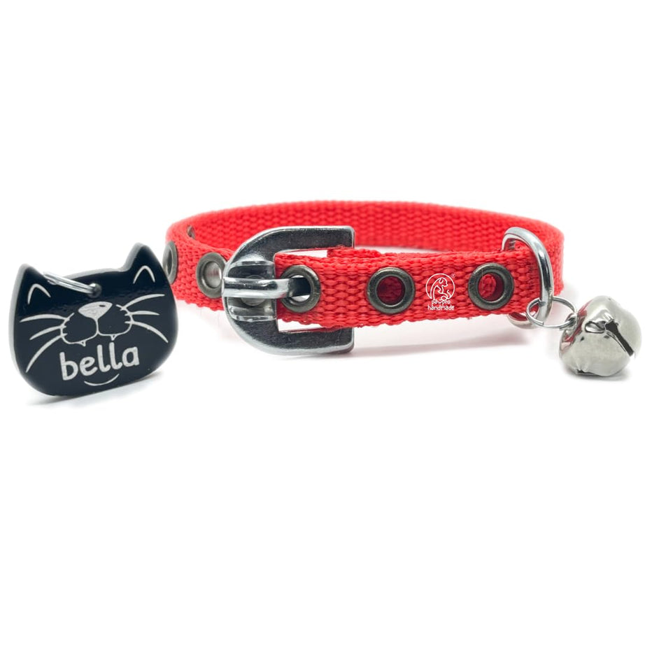 PAWPRO HANDMADE Cat Collar with Name Tag & Bell, Adjustable Buckle, Soft Neck Naylon Strap, Customisable Name & Kitten Icon ID Tag, Comfortable for Small to Big Cats (Red)