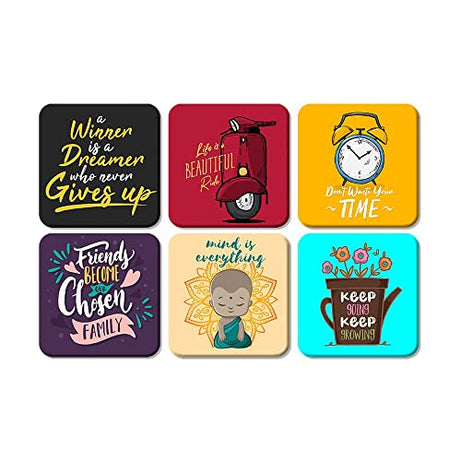 Artvibes Printed MDF Wooden Coasters for Home and Kitchen | Dining Table Decor | Square Coasters | Kitchen Decorative Items | Table Decoration | Home Decor (Set of 6 | 4x4 Inch)(Quotes) TC_2013