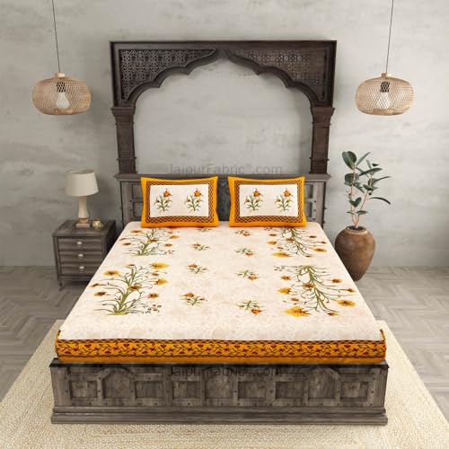 JaipurFabric® Cotton 180 TC Floral Double Bedsheet with 2 Pillow Covers (90" X 108"), Yellow