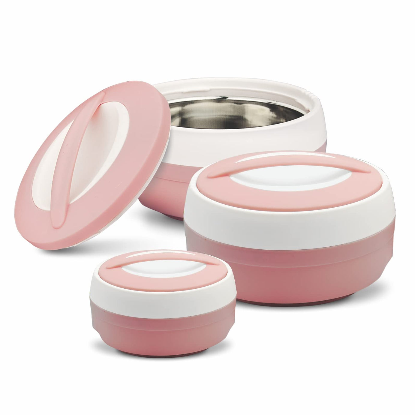 ASIAN Plastic Casserole Inner Stainless Steel Casserole Gift Set of 3 (600 ml, 1000 ml, 1500 ml), (Pestal Pink) | PU Insulated | BPA Free | Food Grade | Hot & Cold | Easy to Carry