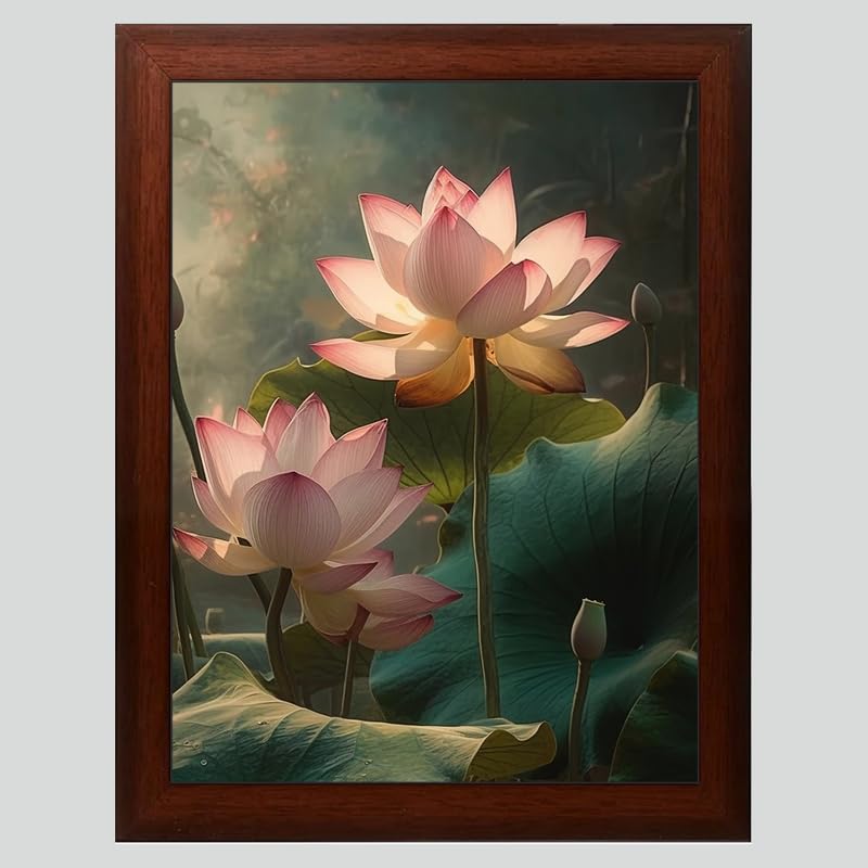 Lotus Painting Digital Reprint Trendy Fancy Room Home Office Wall Decoration With Brown Frame (10inches X 13.5inches)