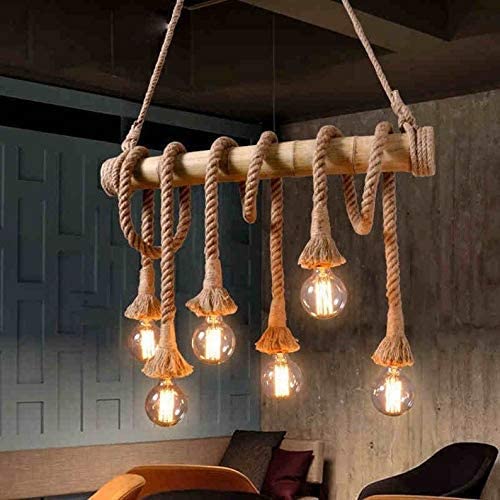 Keylus Hemp Rope Bamboo 6 Light Vintage Hanging Lamp Pendant Light without Bulb, E27 Holder, Jute Color