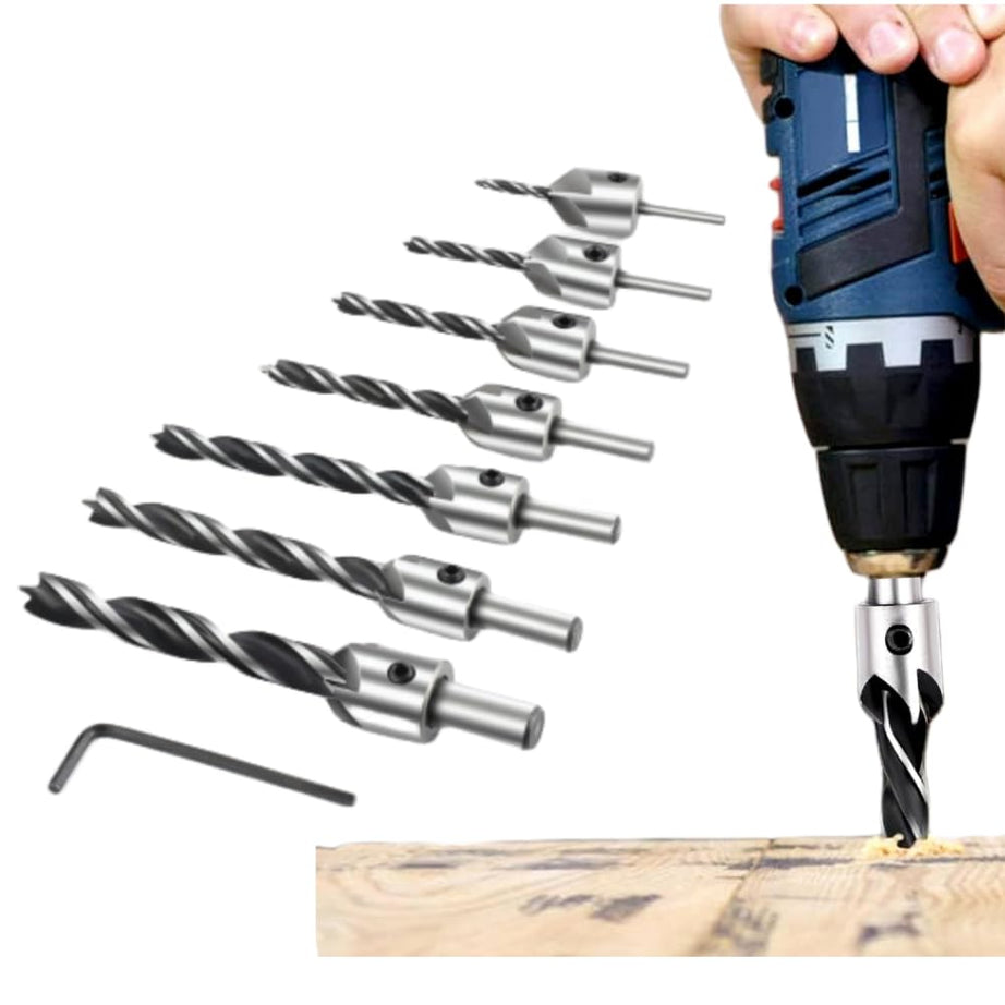 Countersink Drill Bits Set 7Pcs, Counter Sink Drill Bit for Wood, Woodworking High Carbon Steel Carpentry Bit with Chamfering Combination Pedestal, 1 Free Hex Key Wrench Attached