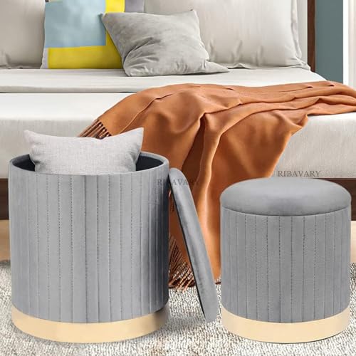 RIBAVARY® Round Velvet Luxurious Storage Ottoman,Vanity Stool Chair,Upholstered Foot Rest Stool with Gold Strip Base for Living Room or Bedroom (Pack of 2) (Pack of 2, Grey)