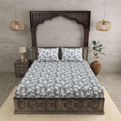 JaipurFabric® Premium Cotton 280 TC Summer Revival Double Bedsheet with 2 Pillow Covers (108" X 108"), Grey