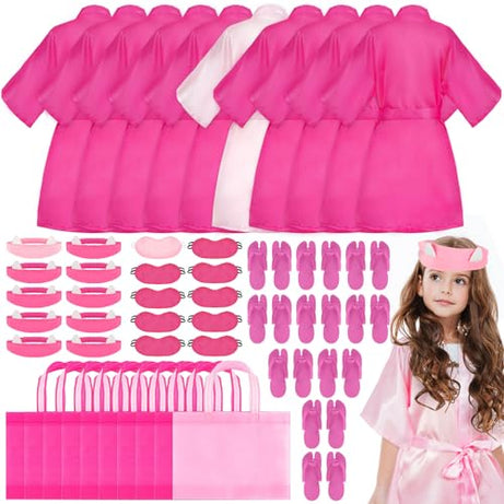 JarThenaAMCS 10 Set Spa Robes for Girls Party Kids Spa Silky Kimono Bathrobes with Blindfolds Headbands Tote Bags Disposable Foam Slippers for Birthday Supplies, Hot Pink, Light Pink, 8